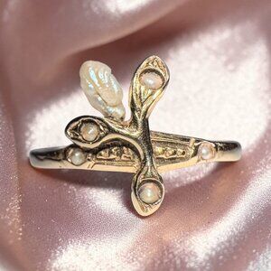 ANTIQUE- Art Nouveau - 14K Gold- Baroque Pearl & Seed Pearl Ring -Size 6.5 -1.2g
